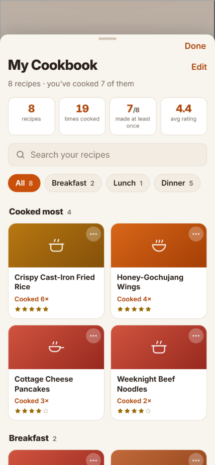 My Cookbook, with recipes sorted by meal, times cooked and ratings