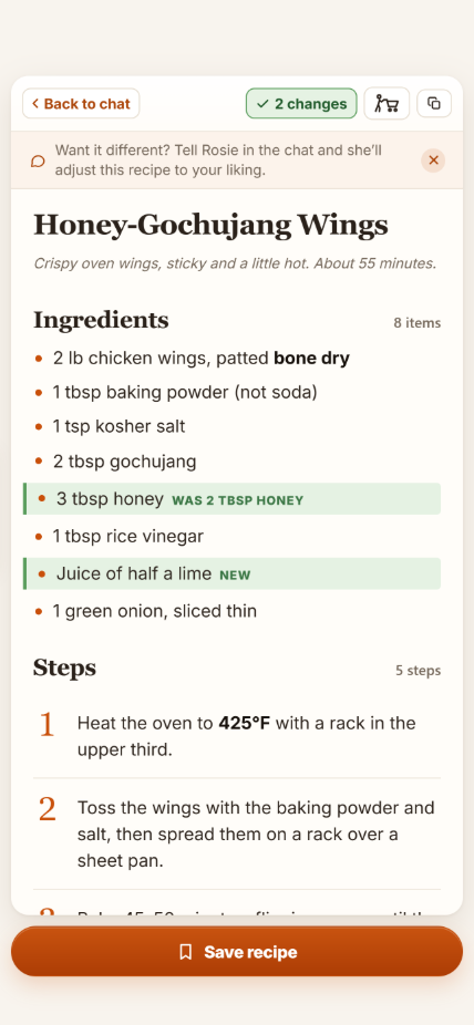 A recipe with Rosie’s changes highlighted in green